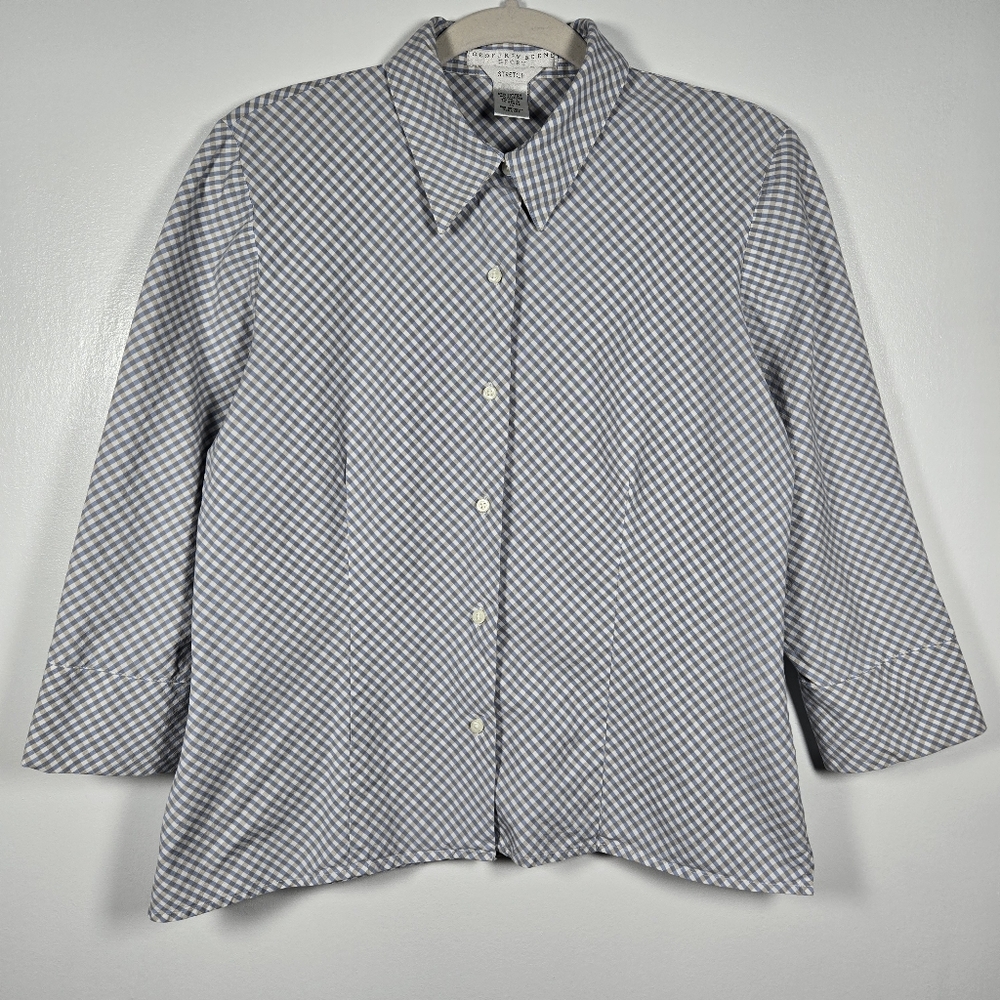 Geoffrey Beene Cotton Stretch Gingham Plaid Career Wear Button Down Top Size 10